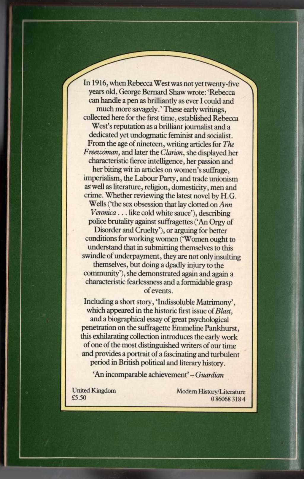 (Jane Marcus edits) THE YOUNG REBECCA. Writings of Rebecca West 1911-1917 magnified rear book cover image