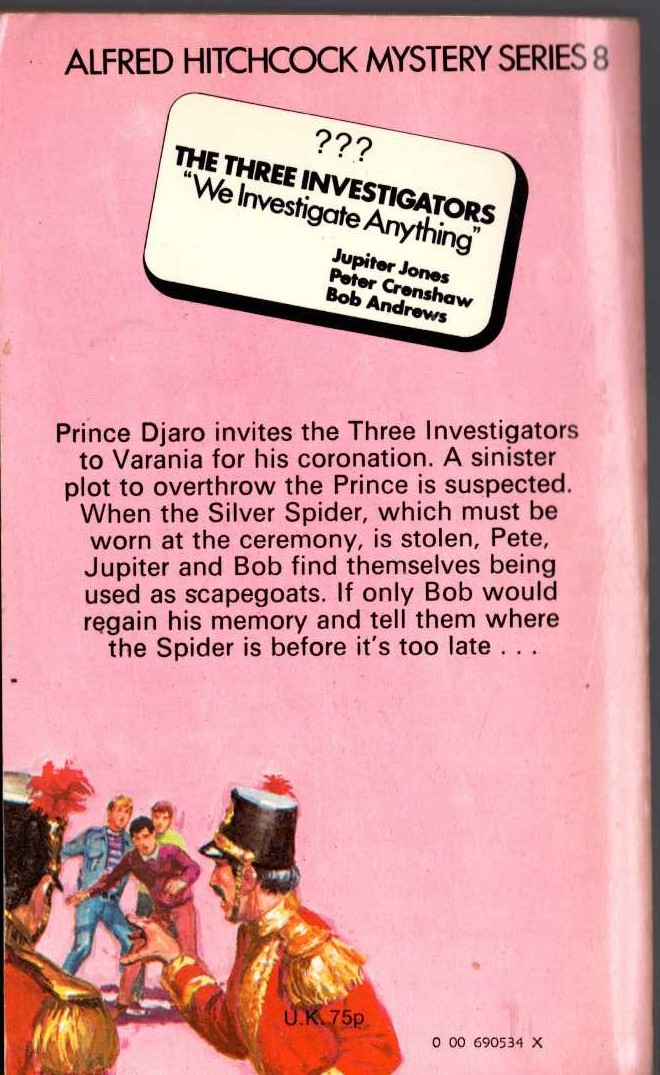 Alfred Hitchcock (introduces_The_Three_Investigators) THE MYSTERY OF THE SILVER SPIDER magnified rear book cover image