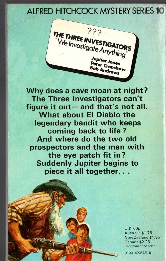 Alfred Hitchcock (introduces_The_Three_Investigators) THE MYSTERY OF THE MOANING CAVE magnified rear book cover image