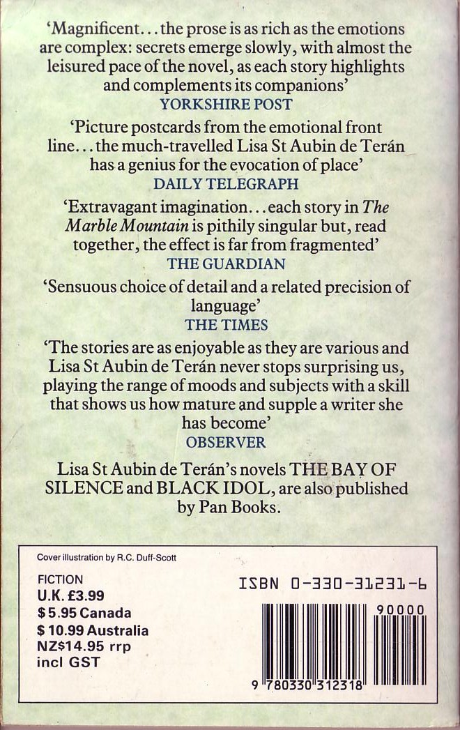 Lisa St.Aubin De Teran  THE MARBLE MOUNTAIN and other stories magnified rear book cover image
