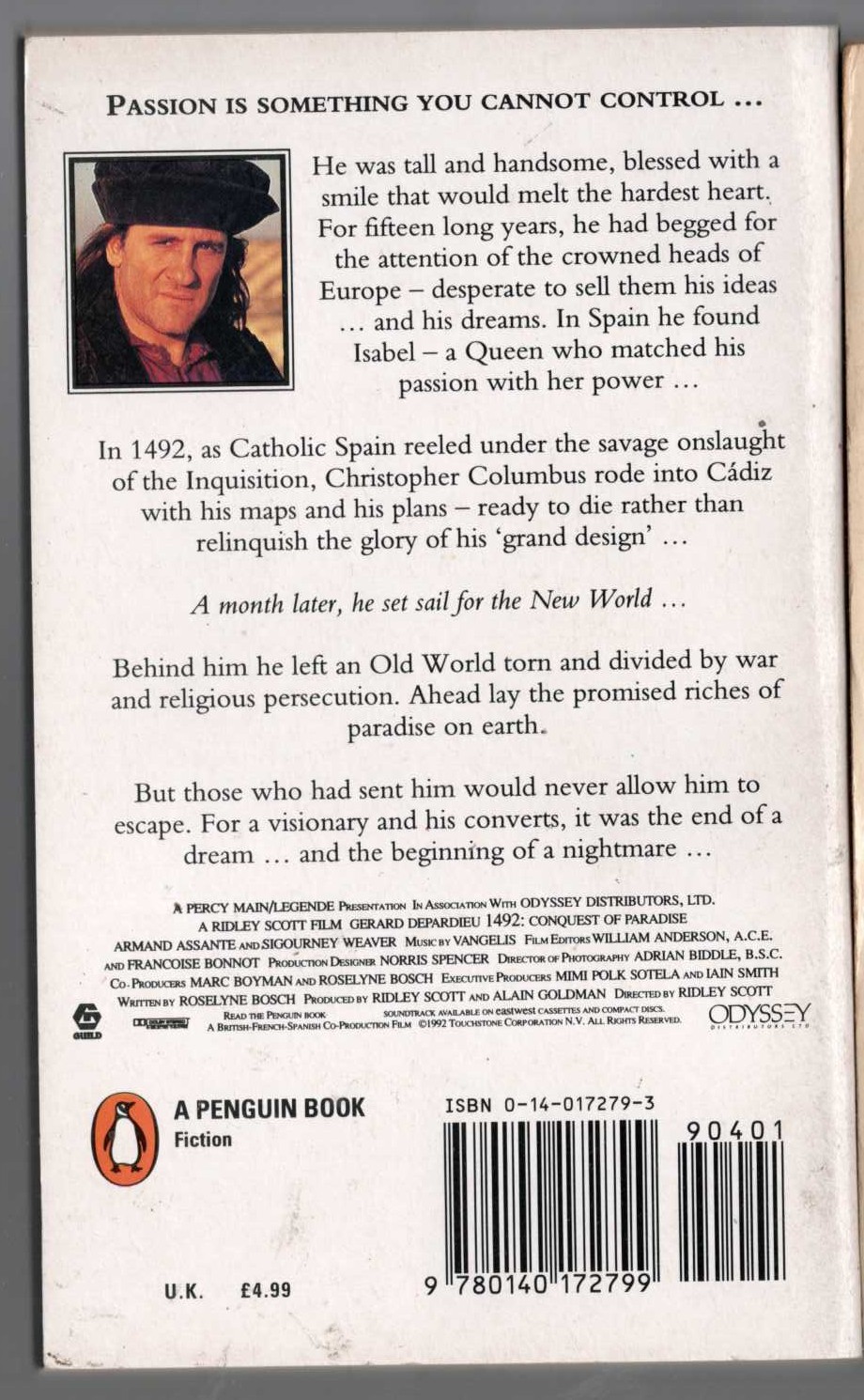 Gerard Depardieu  1492: CONQUEST OF PARADISE (Arman Assante & Sigourney Weaver) magnified rear book cover image
