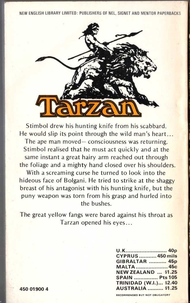 Edgar Rice Burroughs  TARZAN, LORD OF THE JUNGLE magnified rear book cover image