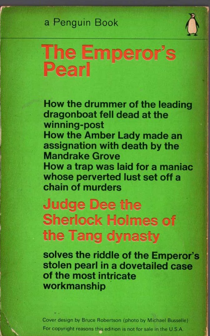 Robert van Gulik  THE EMPEROR'S PEARL magnified rear book cover image