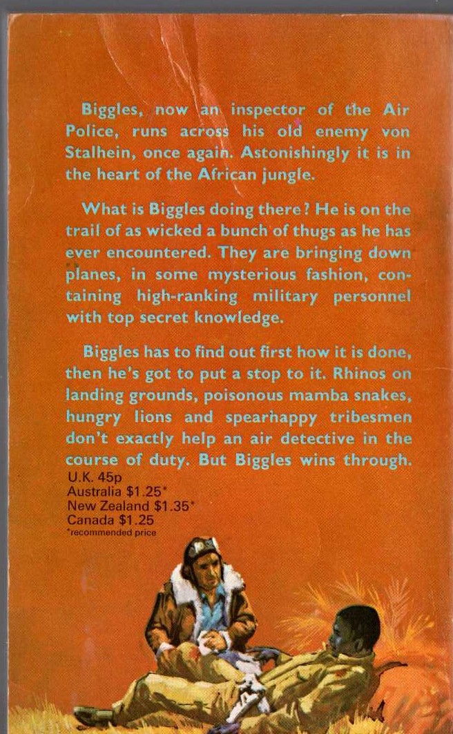 Captain W.E. Johns  NO REST FOR BIGGLES magnified rear book cover image