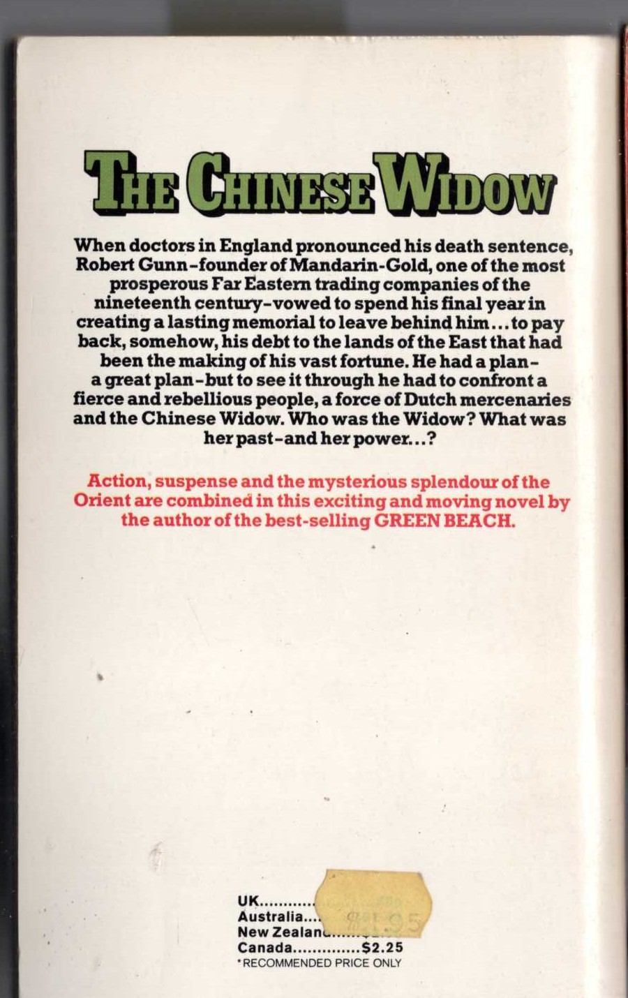 James Leasor  THE CHINESE WIDOW magnified rear book cover image
