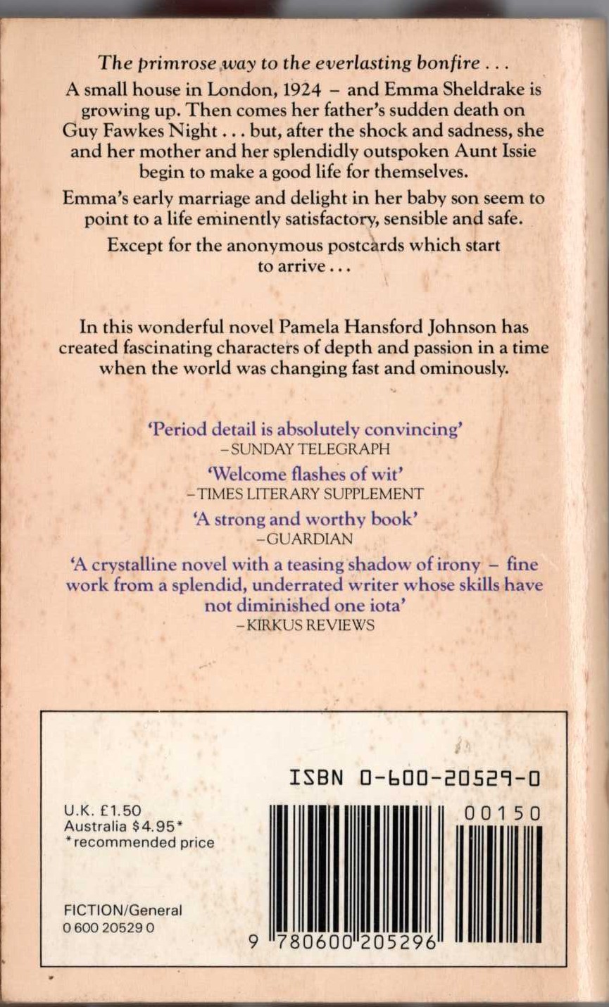 Pamela Hansford Johnson  A BONFIRE magnified rear book cover image