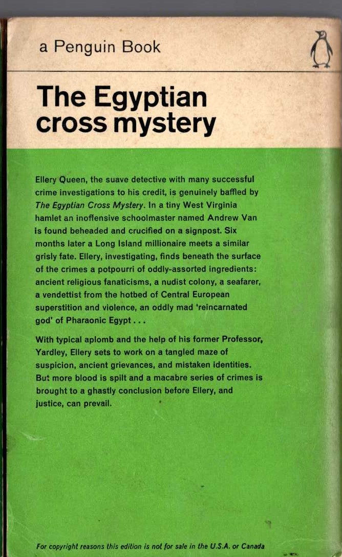 Ellery Queen  THE EGYPTIAN CROSS MYSTERY magnified rear book cover image