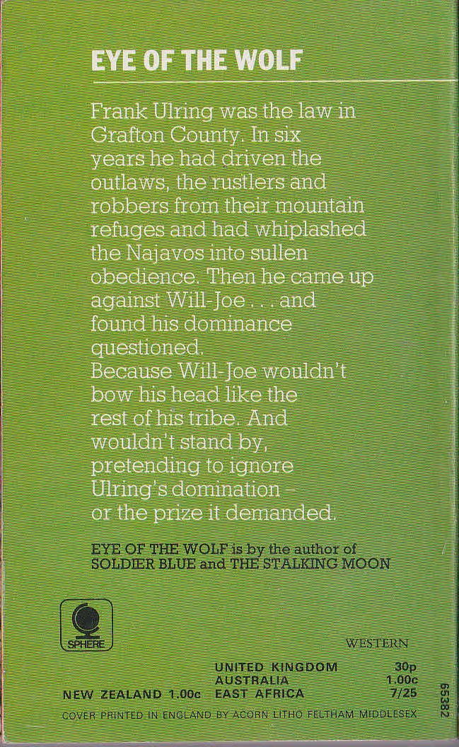 T.V. Olsen  EYE OF THE WOLF magnified rear book cover image