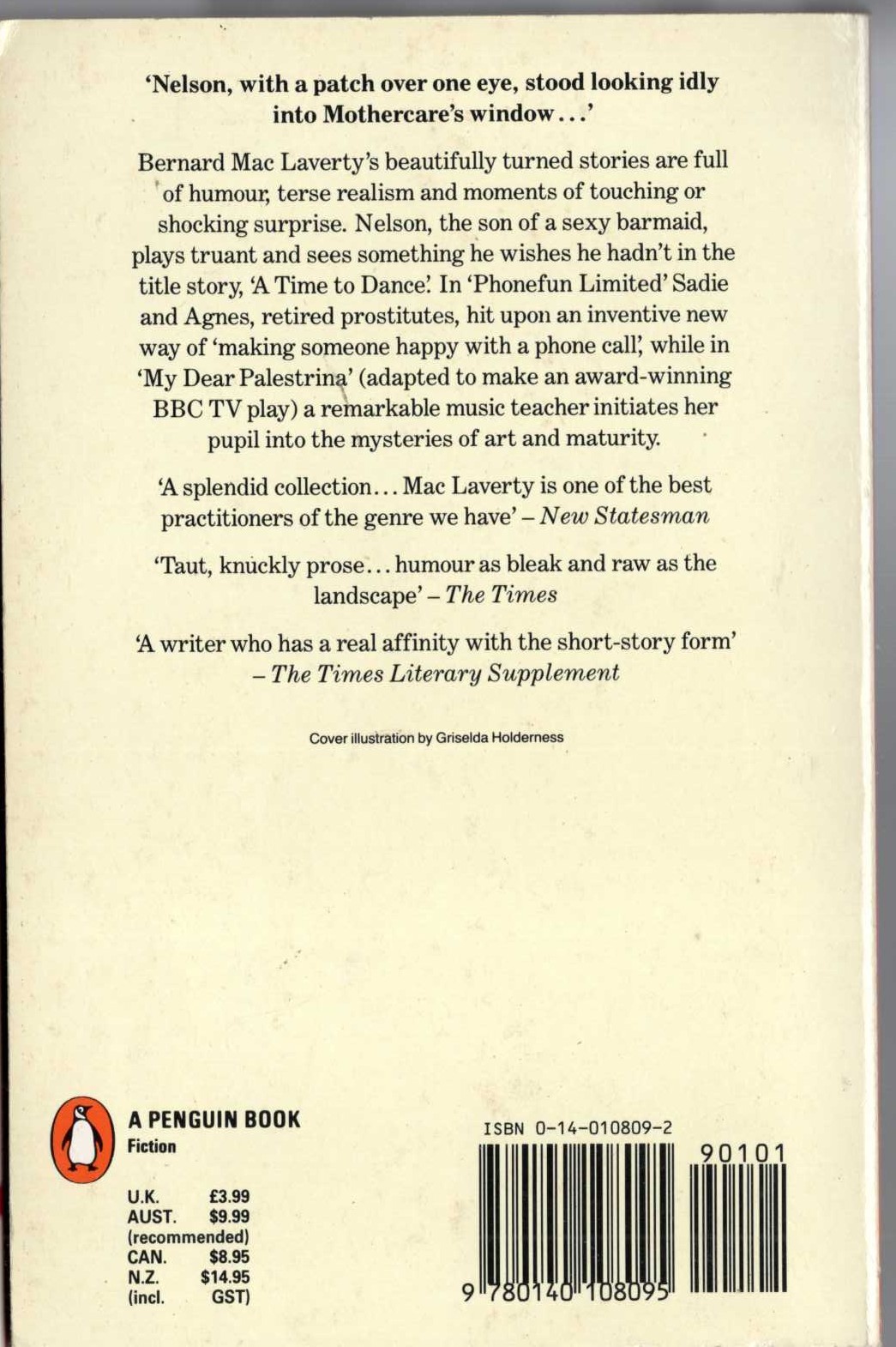 Bernard MacLaverty  A TIME TO DANCE (Ten Stories) magnified rear book cover image