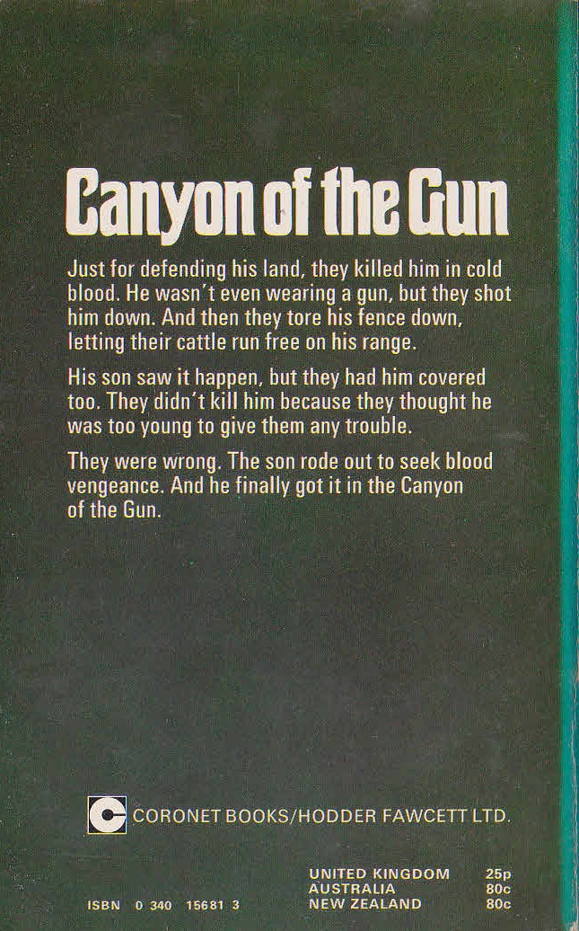 T.V. Olsen  CANYON OF THE GUN magnified rear book cover image