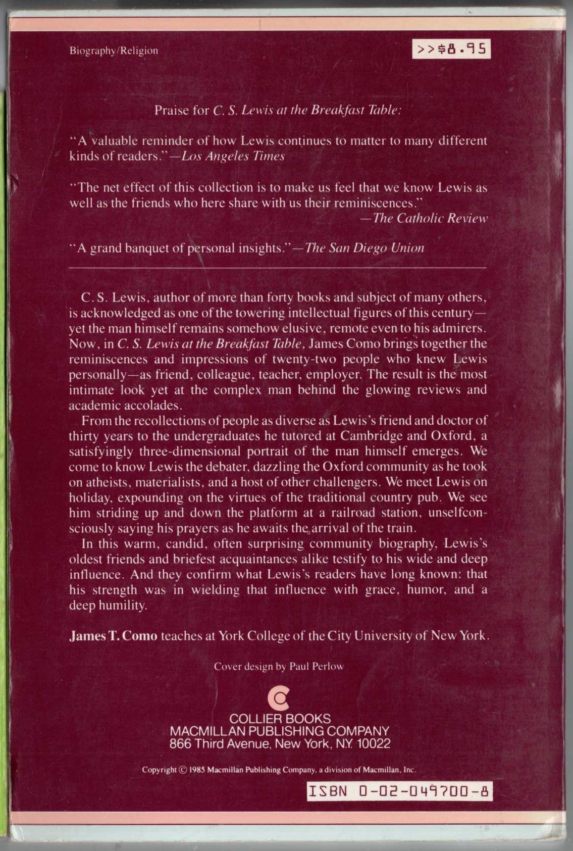 James T. Como (edits) C.S.LEWIS AT THE BREAKFAST TABLE and Other Reminiscences magnified rear book cover image