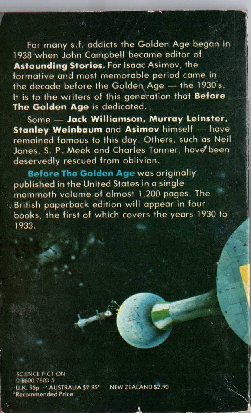 Isaac Asimov (edits) BEFORE THE GOLDEN AGE 1 magnified rear book cover image