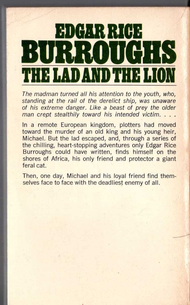 Edgar Rice Burroughs  THE LAD AND THE LION magnified rear book cover image