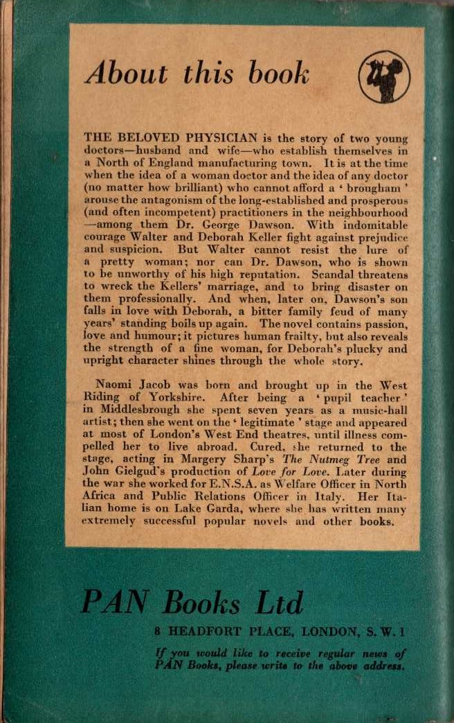 Naomi Jacob  THE BELOVED PHYSICIAN magnified rear book cover image