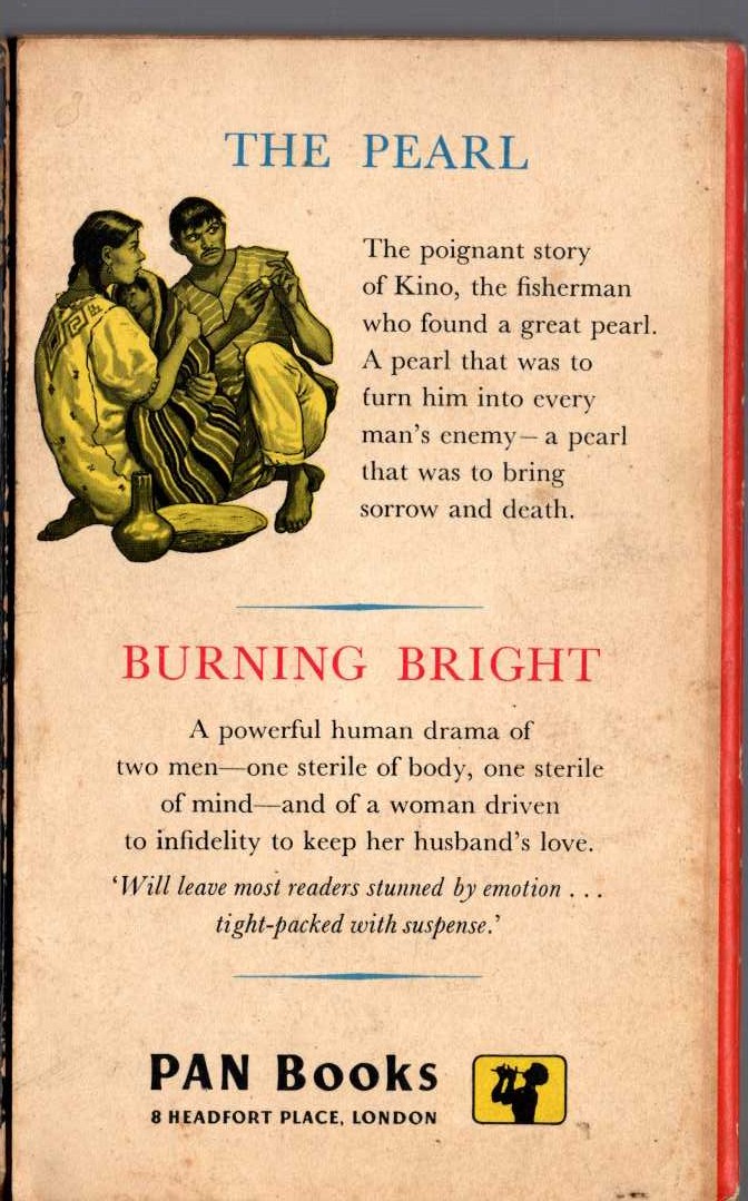 John Steinbeck  THE PEARL and BURNING BRIGHT magnified rear book cover image