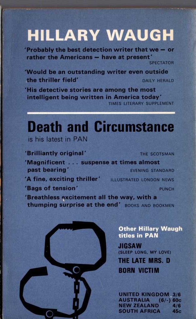 Hillary Waugh  DEATH AND CIRCUMSTANCE magnified rear book cover image