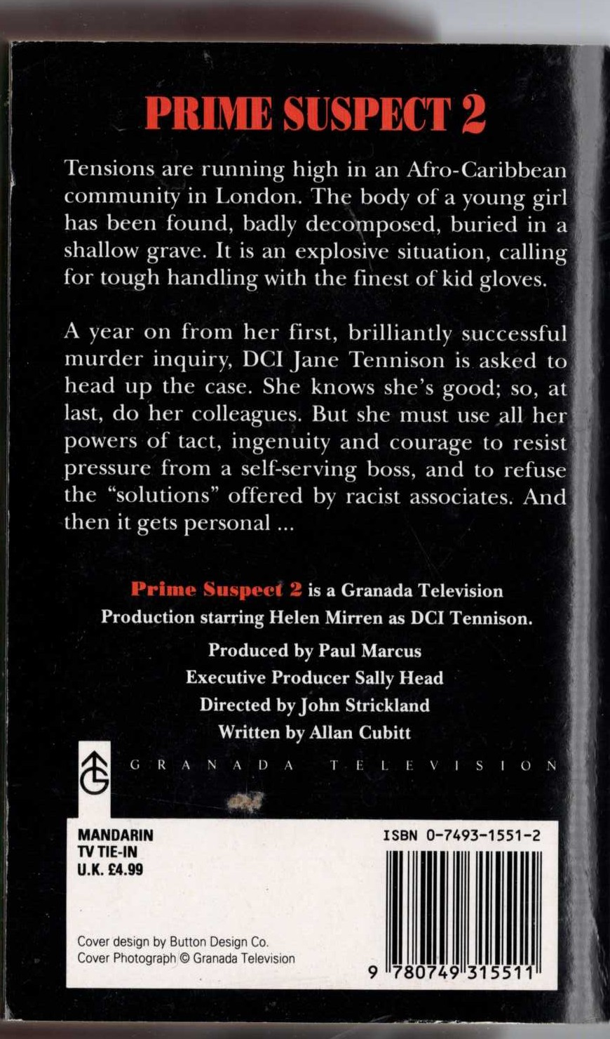 Lynda La Plante  PRIME SUSPECT 2 (Helen Mirren) magnified rear book cover image