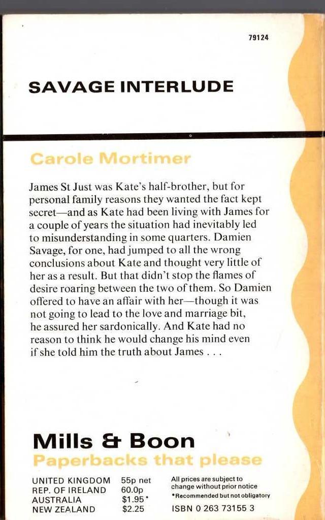 Carole Mortimer  SAVAGE INTERLUDE magnified rear book cover image