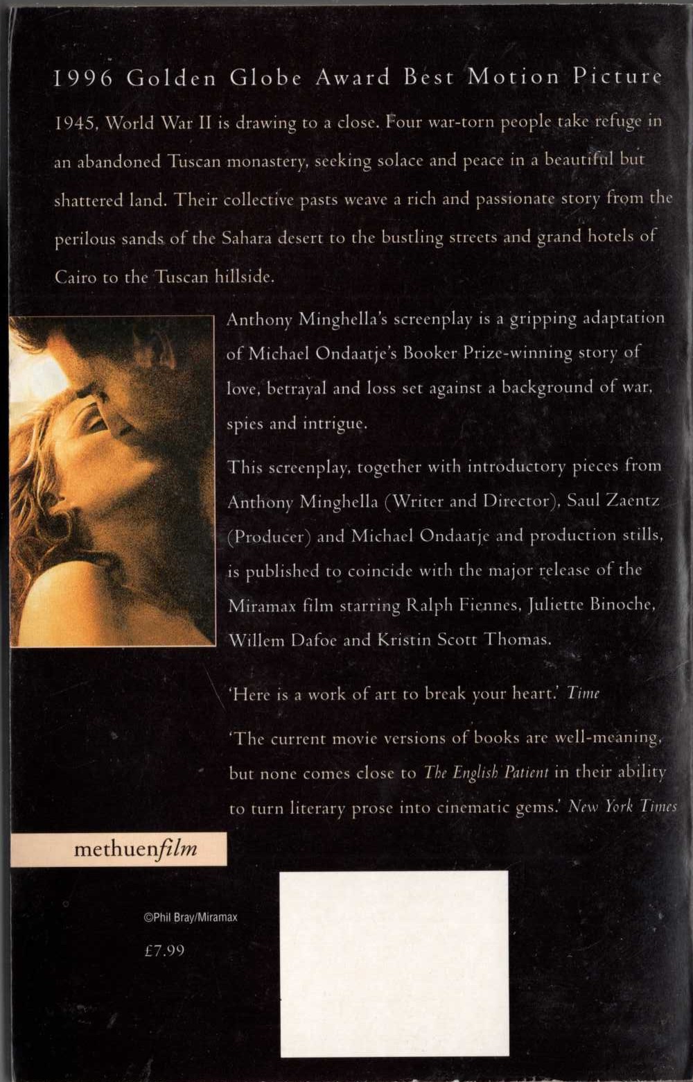 Michael Ondaatje  THE ENGLISH PATIENT. Screenplay by Anthony Minghella magnified rear book cover image