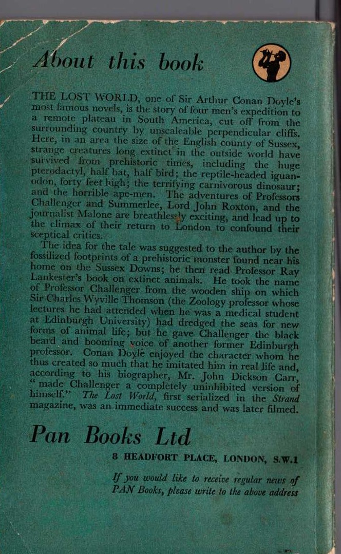 Sir Arthur Conan Doyle  THE LOST WORLD magnified rear book cover image