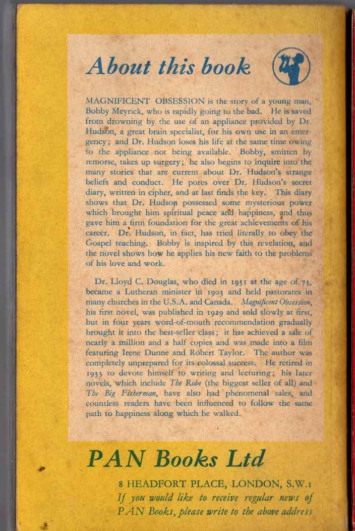 Lloyd Douglas  MAGNIFICENT OBSESSION magnified rear book cover image