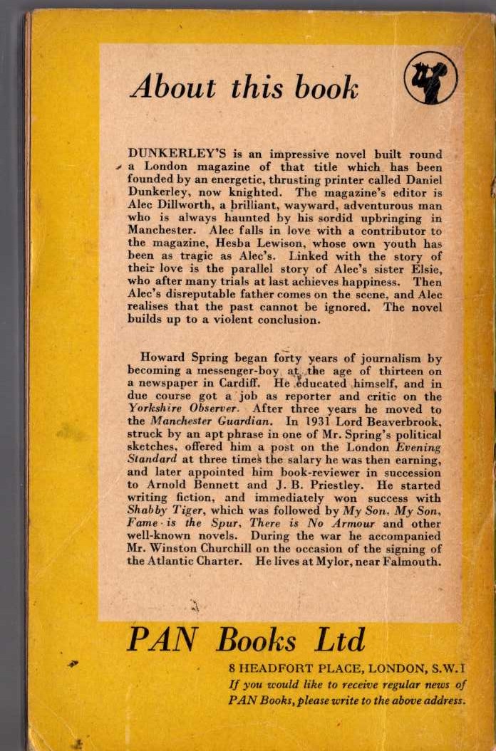 Howard Spring  DUNKERLEY'S magnified rear book cover image