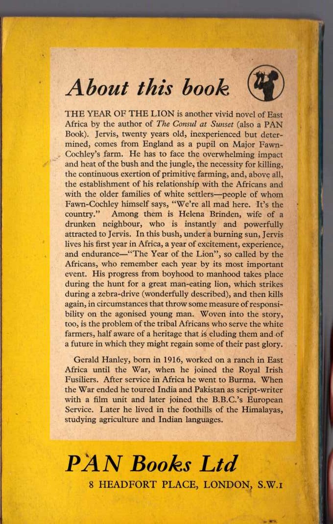 Gerald Hanley  THE YEAR OF THE LION magnified rear book cover image