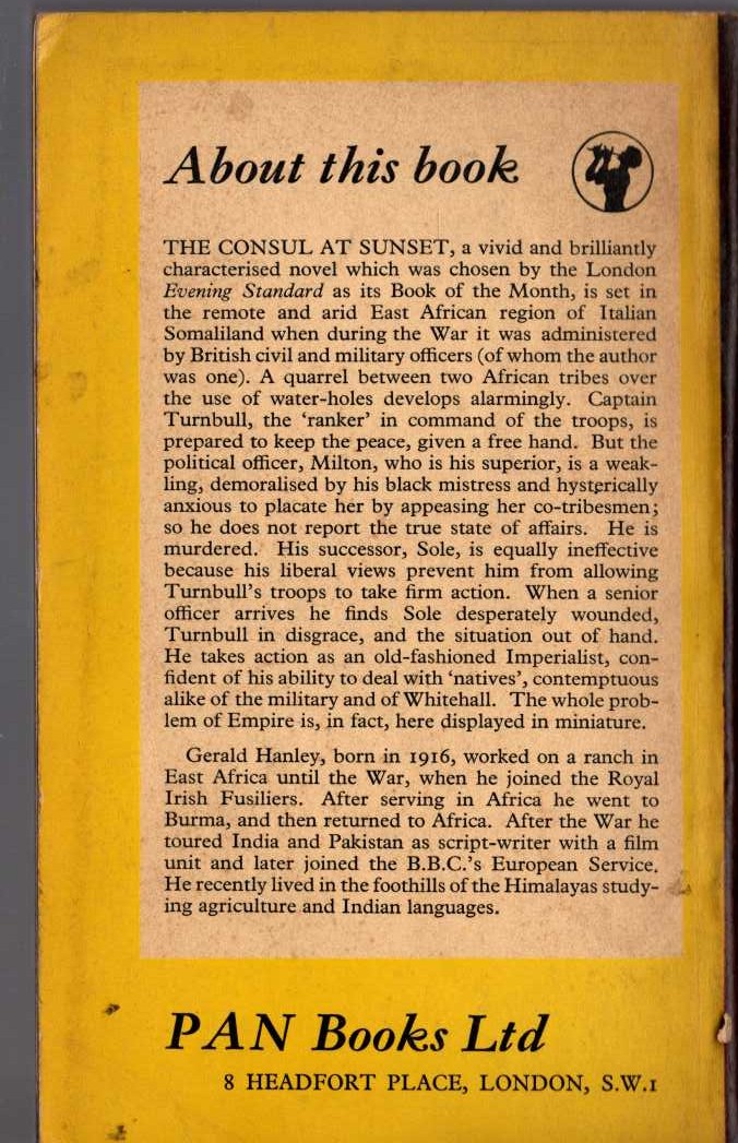 Gerald Hanley  THE CONSUL AT SUNSET magnified rear book cover image