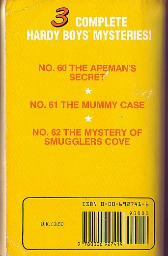 Franklin W. Dixon  THE HARDY BOYS: THE APEMAN'S SECRET/ THE MUMMY CASE/ THE MYSTERY OF SMUGGLERS COVE magnified rear book cover image