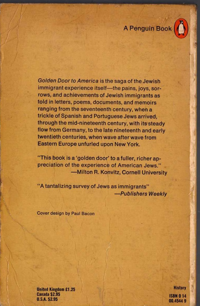 Abraham J. Karp  GOLDEN DOOR TO AMERICA. The Jewish Immigrant Experience magnified rear book cover image