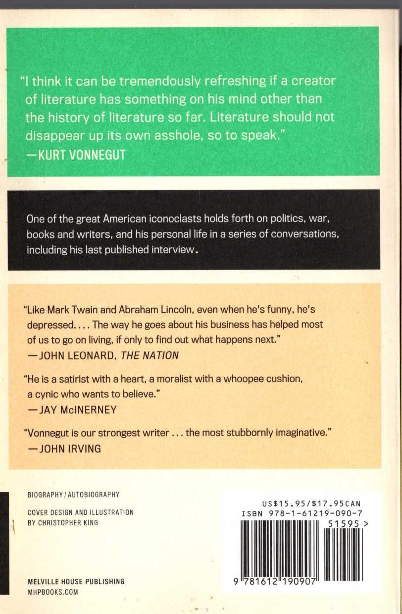 (Tom McCatan edits) KURT VONNEGUT: THE LAST INTERVIEW and Other Conversations magnified rear book cover image