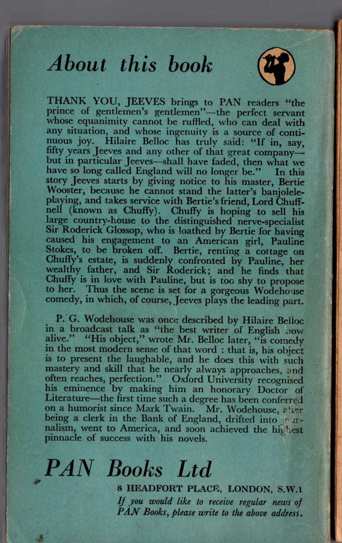 P.G. Wodehouse  THANK YOU, JEEVES magnified rear book cover image