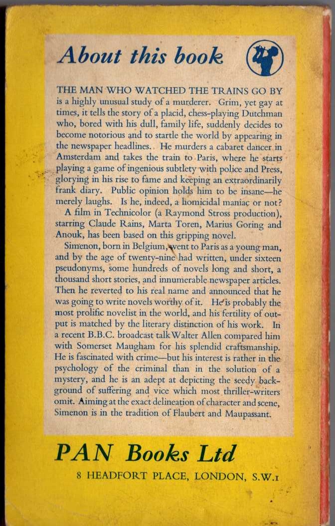 Georges Simenon  THE MAN WHO WATCHED TRAINS GO BY magnified rear book cover image