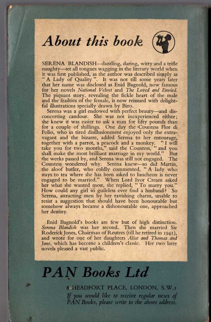 Enid Bagnold  SERENA BLANISH or THE DIFFICULTY OF GETTING MARRIED magnified rear book cover image