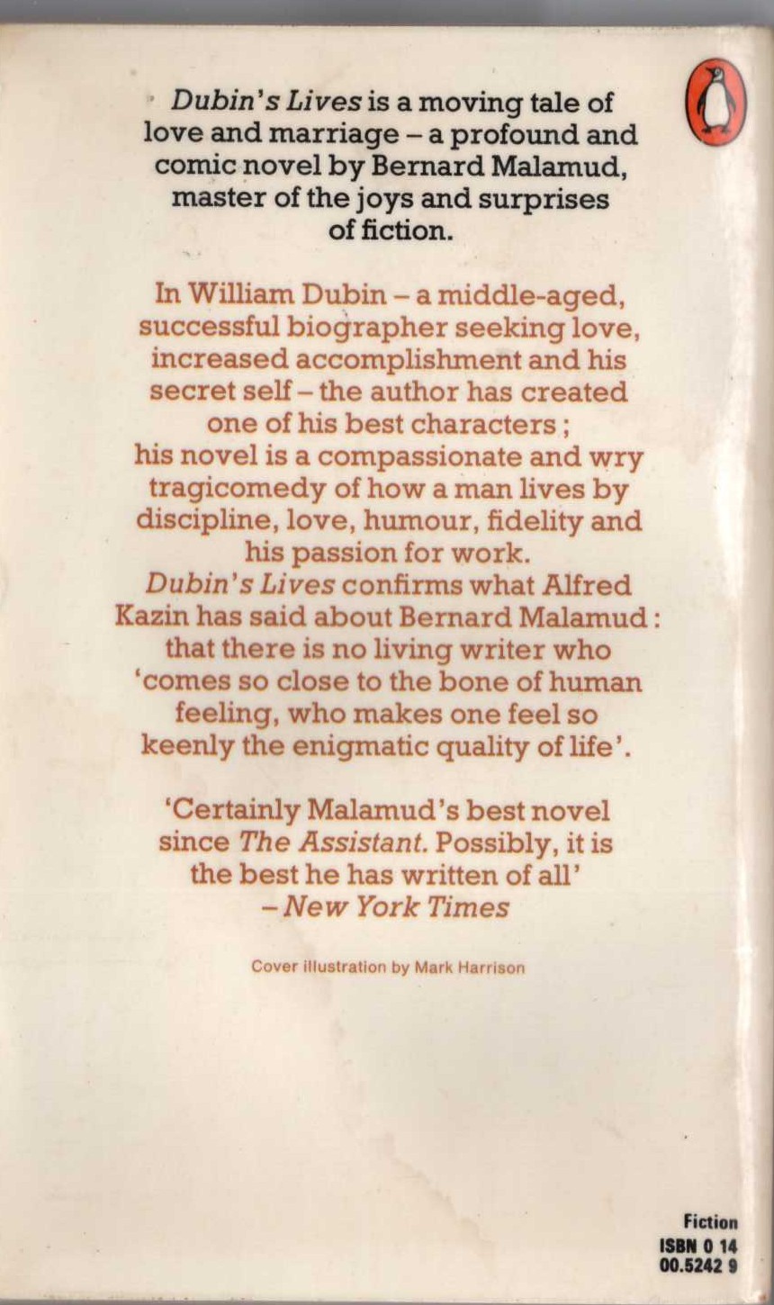 Bernard Malamud  DUBLIN'S LIVES magnified rear book cover image