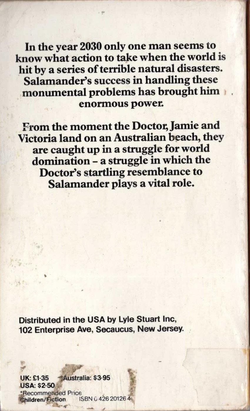 Ian Marter  DOCTOR WHO AND THE ENEMY OF THE WORLD magnified rear book cover image