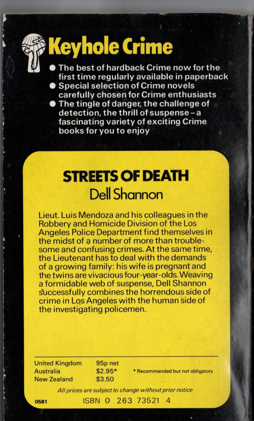 Dell Shannon  STREETS OF DEATH magnified rear book cover image