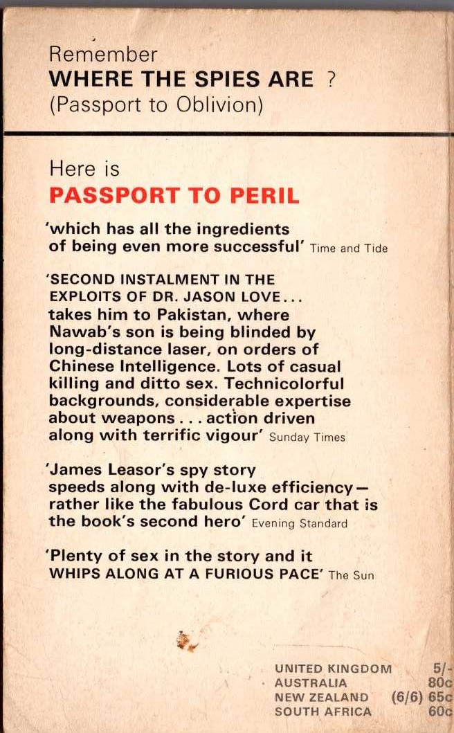 James Leasor  PASSPORT TO PERIL magnified rear book cover image
