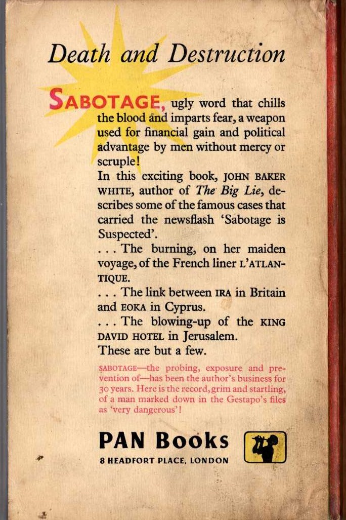 John Baker White  SABOTAGE IS SUSPECTED magnified rear book cover image