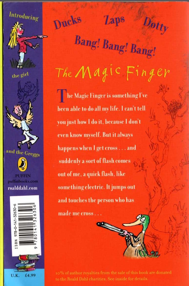 Roald Dahl  THE MAGIC FINGER magnified rear book cover image