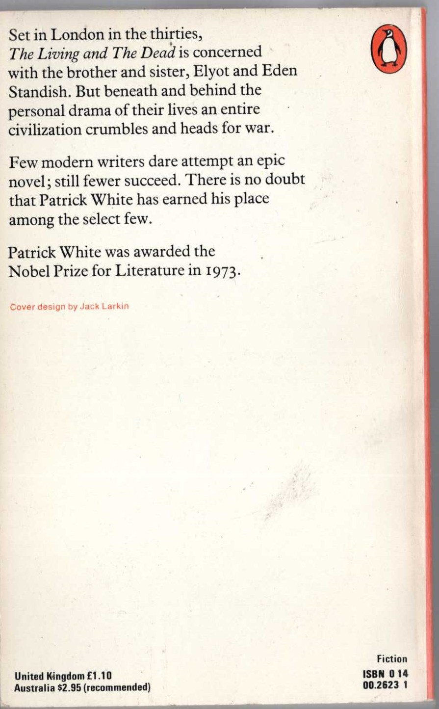 Patrick White  THE LIVING AND THE DEAD magnified rear book cover image