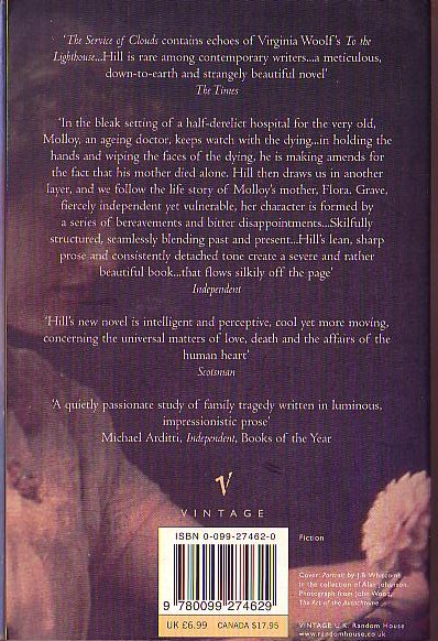 Susan Hill  THE SERVICE OF CLOUDS magnified rear book cover image