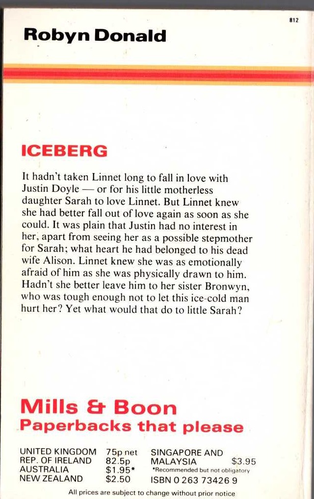 Robyn Donald  ICEBERG magnified rear book cover image