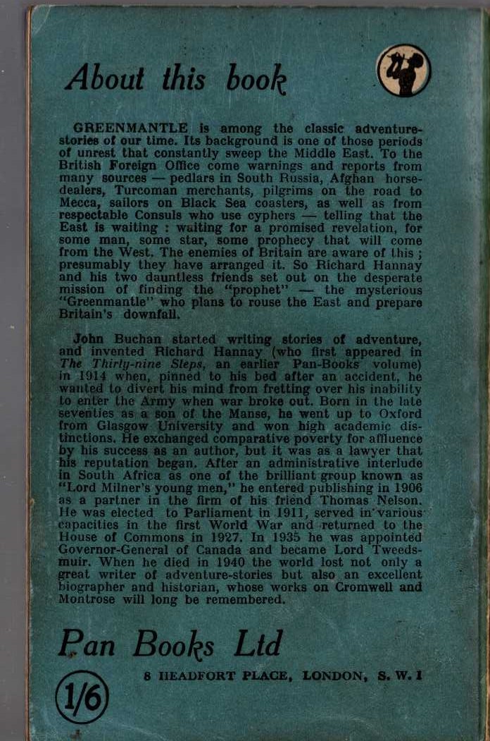 John Buchan  GREENMANTLE magnified rear book cover image