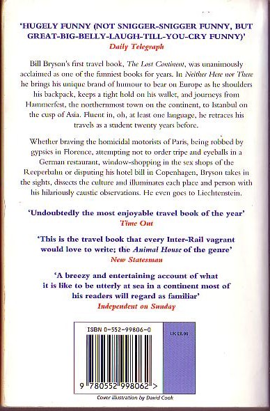 Bill Bryson  NEITHER HERE NOR THERE. Travels in Europe magnified rear book cover image