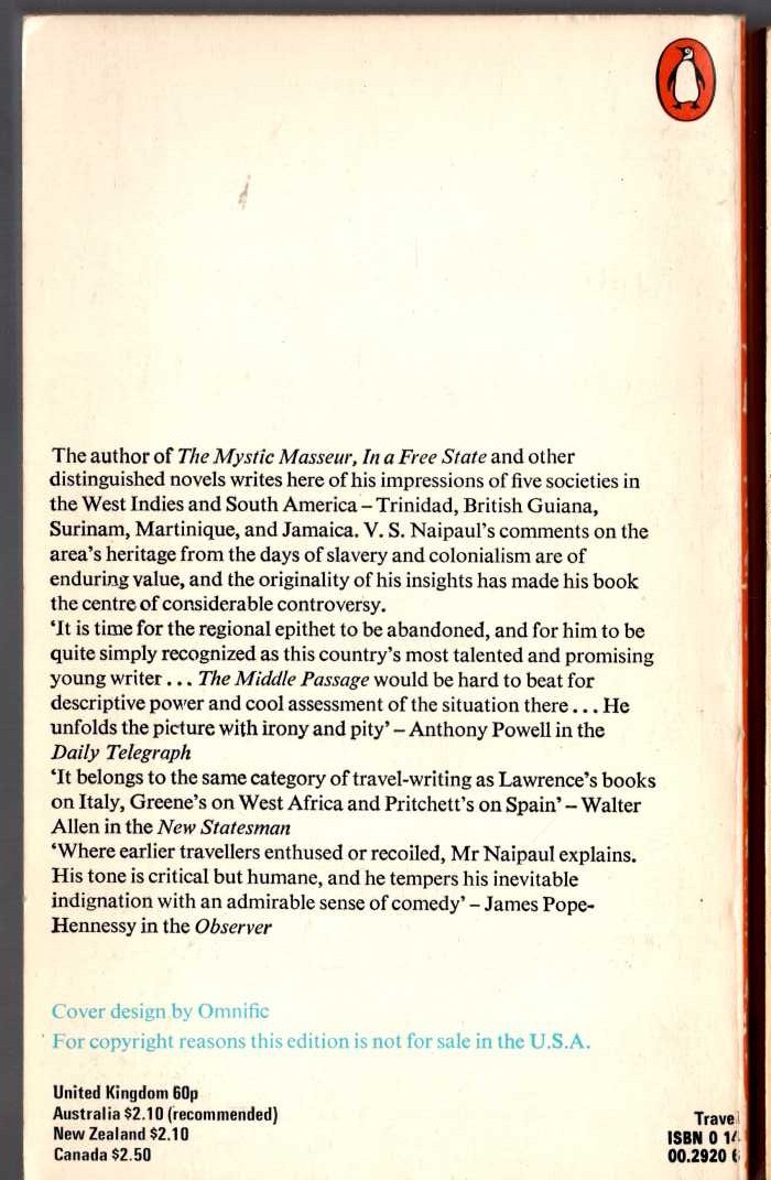 V.S. Naipaul  THE MIDDLE PASSAGE. The Caribbean revisited magnified rear book cover image