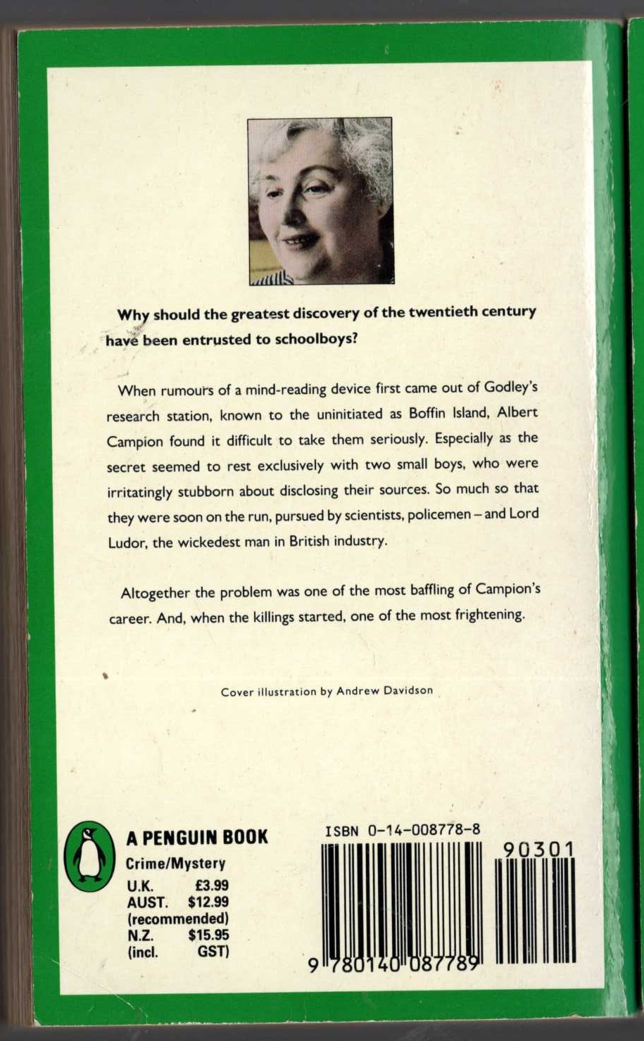 Margery Allingham  THE MIND READERS magnified rear book cover image