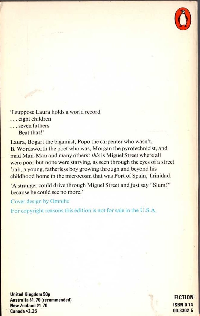V.S. Naipaul  MIGUEL STREET magnified rear book cover image