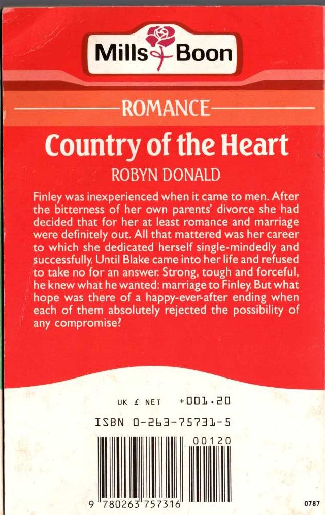 Robyn Donald  COUNTRY OF THE HEART magnified rear book cover image