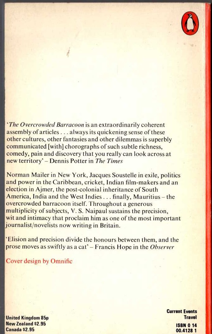 V.S. Naipaul  THE OVERCROWDED BARRACOON and other articles magnified rear book cover image